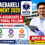 Thumbnail for NIPER Raebareli Recruitment 2026 featuring a male research scientist in a lab coat with NIPER campus background and recruitment details for Research Associate and Post Doctoral Fellow posts.