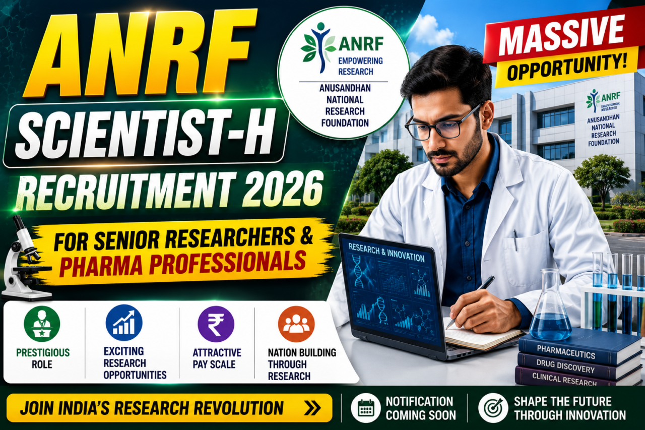 ANRF Scientist-H Recruitment 2026 thumbnail featuring a senior researcher in a laboratory setup with bold recruitment text and pharma research elements.
