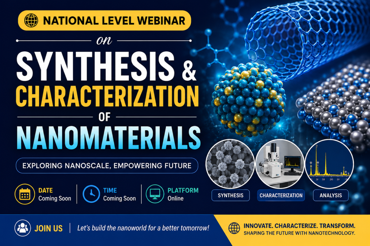 Professional webinar thumbnail featuring nanomaterials, molecular structures, laboratory visuals, and scientific analysis graphics with the title “National Level Webinar on Synthesis and Characterization of Nanomaterials” on a dark blue futuristic background.