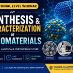 Professional webinar thumbnail featuring nanomaterials, molecular structures, laboratory visuals, and scientific analysis graphics with the title “National Level Webinar on Synthesis and Characterization of Nanomaterials” on a dark blue futuristic background.