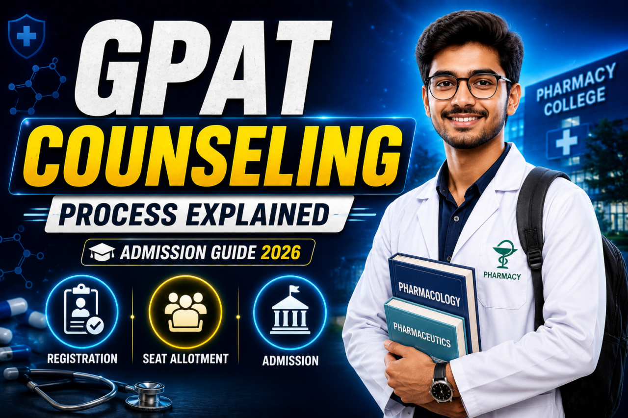 GPAT counseling process thumbnail featuring a pharmacy student with books, bold counseling text, and icons for registration, seat allotment, and admission.