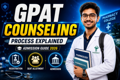 GPAT counseling process thumbnail featuring a pharmacy student with books, bold counseling text, and icons for registration, seat allotment, and admission.