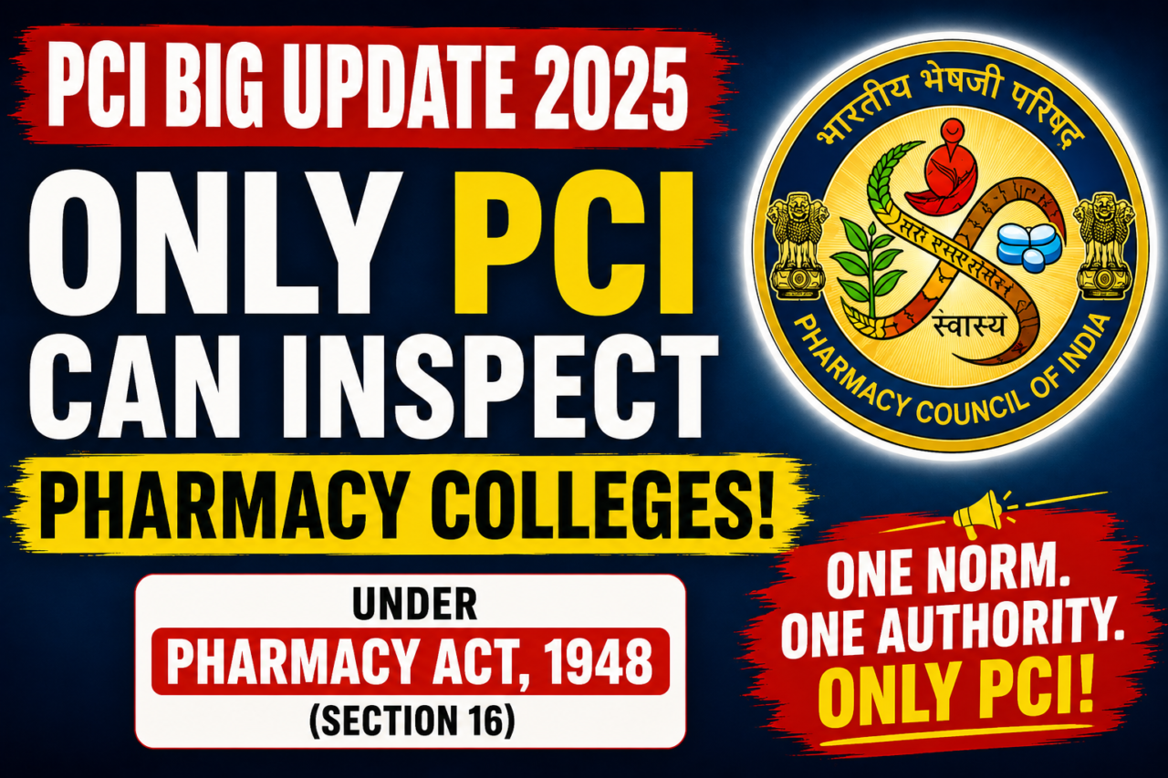 Bold thumbnail showing “PCI BIG UPDATE 2025” with Pharmacy Council of India logo and text stating only PCI can inspect pharmacy colleges under Pharmacy Act 1948 Section 16.
