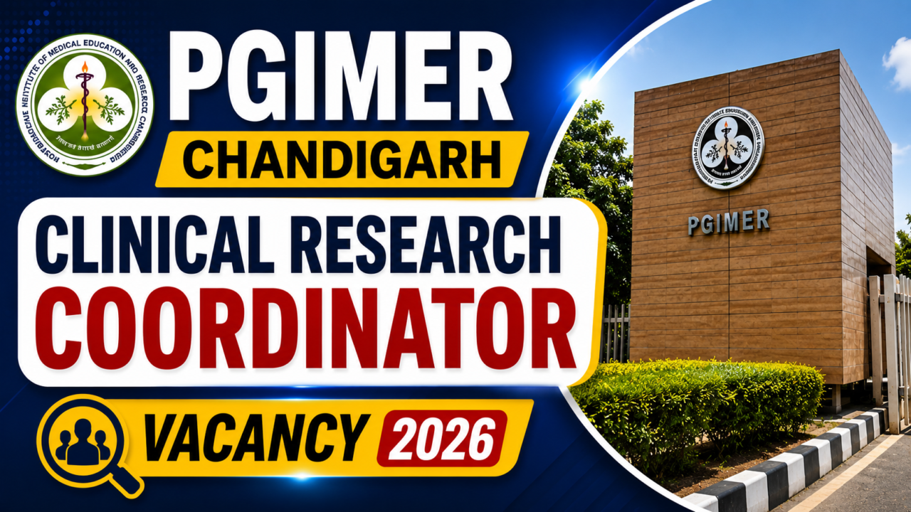 PGIMER Chandigarh Clinical Research Coordinator Vacancy 2026 thumbnail featuring PGIMER building image with bold blue and yellow design in 16:9 format.