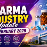 Colorful Pharma Industry Update February 2026 thumbnail featuring medicine capsules, laboratory glassware, molecular graphics, pharmaceutical company building, and futuristic healthcare background.