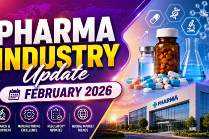 Colorful Pharma Industry Update February 2026 thumbnail featuring medicine capsules, laboratory glassware, molecular graphics, pharmaceutical company building, and futuristic healthcare background.