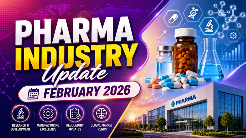 Colorful Pharma Industry Update February 2026 thumbnail featuring medicine capsules, laboratory glassware, molecular graphics, pharmaceutical company building, and futuristic healthcare background.