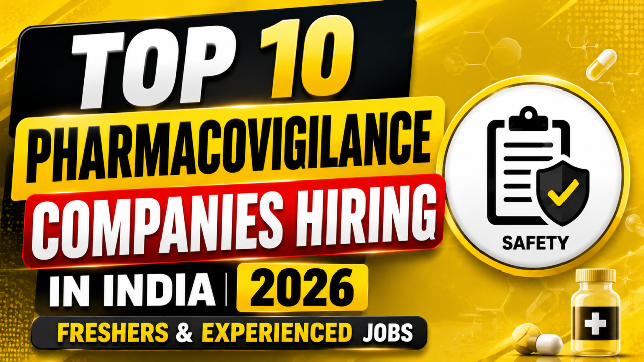 Bright yellow and black YouTube thumbnail highlighting the top 10 pharmacovigilance companies hiring in India in 2026, featuring drug safety icons, pharmaceutical elements, and job opportunities for freshers and experienced candidates.