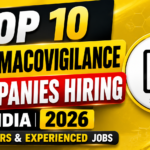 Bright yellow and black YouTube thumbnail highlighting the top 10 pharmacovigilance companies hiring in India in 2026, featuring drug safety icons, pharmaceutical elements, and job opportunities for freshers and experienced candidates.