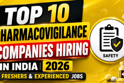 Bright yellow and black YouTube thumbnail highlighting the top 10 pharmacovigilance companies hiring in India in 2026, featuring drug safety icons, pharmaceutical elements, and job opportunities for freshers and experienced candidates.