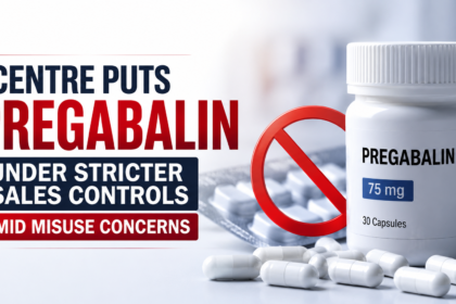 Thumbnail showing a Pregabalin medicine bottle, capsules, and a red restriction symbol with the headline "Centre Puts Pregabalin Under Stricter Sales Controls Amid Misuse Concerns".