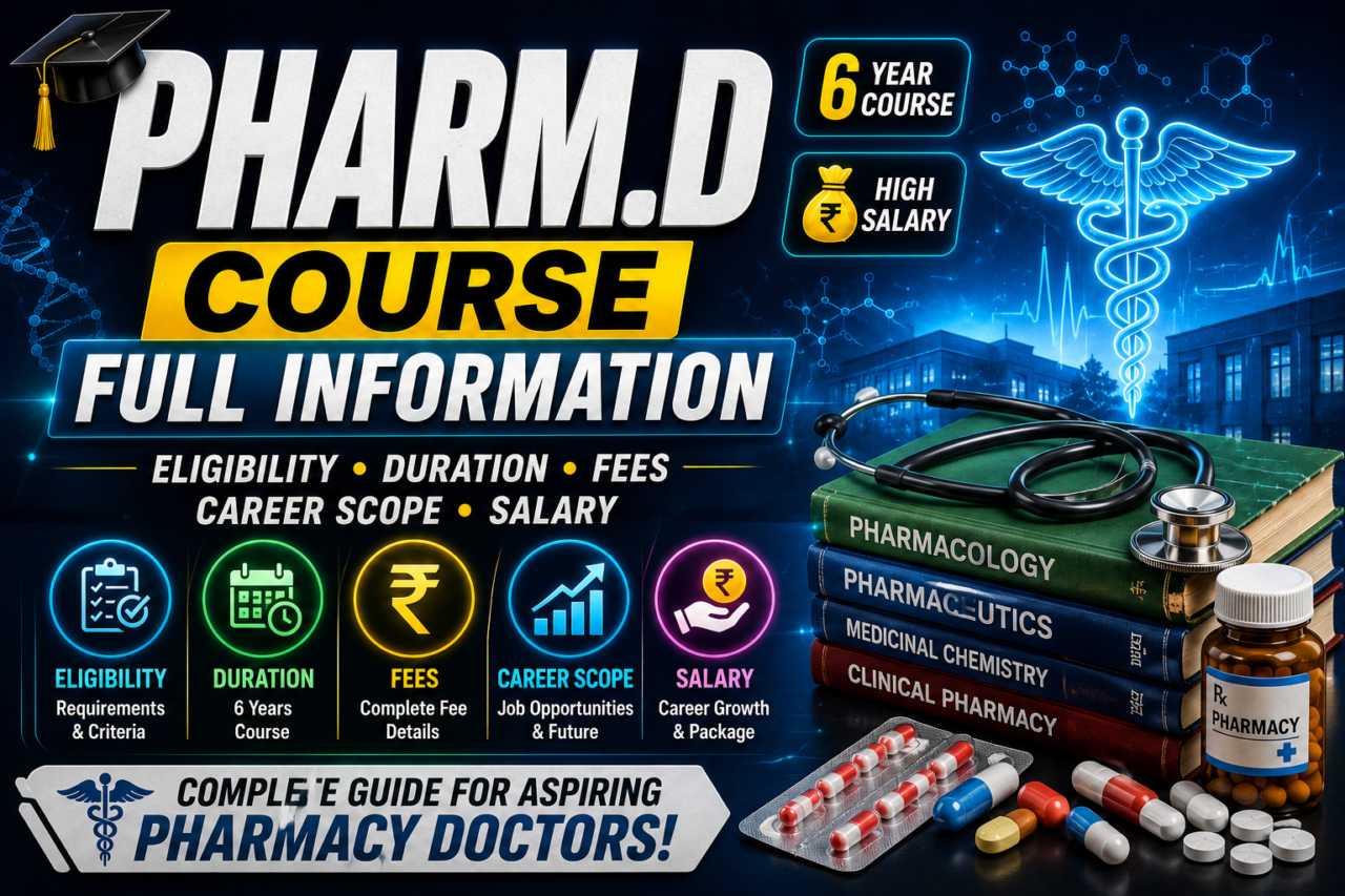 Pharm.D course information thumbnail featuring a pharmacy student in a lab coat with medical graphics, career icons, and bold text about eligibility, fees, salary, and career scope.