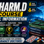 Pharm.D course information thumbnail featuring a pharmacy student in a lab coat with medical graphics, career icons, and bold text about eligibility, fees, salary, and career scope.