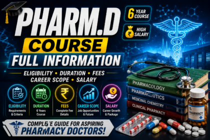 Pharm.D course information thumbnail featuring a pharmacy student in a lab coat with medical graphics, career icons, and bold text about eligibility, fees, salary, and career scope.