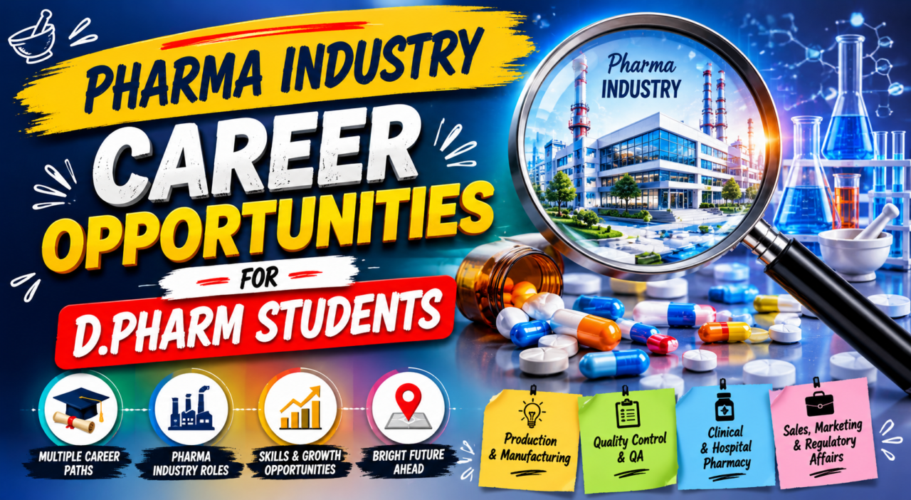Colorful YouTube thumbnail for D.Pharm students showing pharmaceutical career opportunities with medicine capsules, laboratory equipment, pharma company visuals, and bold text highlighting different pharma industry roles.