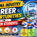 Colorful YouTube thumbnail for D.Pharm students showing pharmaceutical career opportunities with medicine capsules, laboratory equipment, pharma company visuals, and bold text highlighting different pharma industry roles.