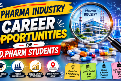 Colorful YouTube thumbnail for D.Pharm students showing pharmaceutical career opportunities with medicine capsules, laboratory equipment, pharma company visuals, and bold text highlighting different pharma industry roles.