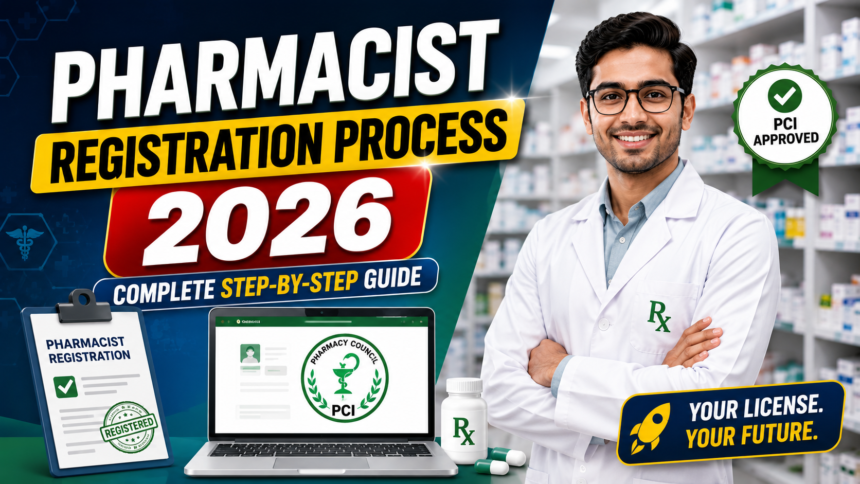 Attractive 16:9 thumbnail for Pharmacist Registration Process 2026 featuring a professional pharmacist, PCI approval badge, pharmacy background, and bold registration guide text.