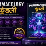 Promotional thumbnail of Pharmacology Kundali Book 2027 featuring a glowing human anatomy design with organ illustrations and bold neon purple background for pharmacy students.