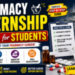 Pharmacy Internship Guide for Students thumbnail featuring pharmacy books, medicines, internship checklist, hospital training icons, and bold yellow-white text on a dark blue background.