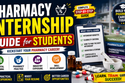 Pharmacy Internship Guide for Students thumbnail featuring pharmacy books, medicines, internship checklist, hospital training icons, and bold yellow-white text on a dark blue background.