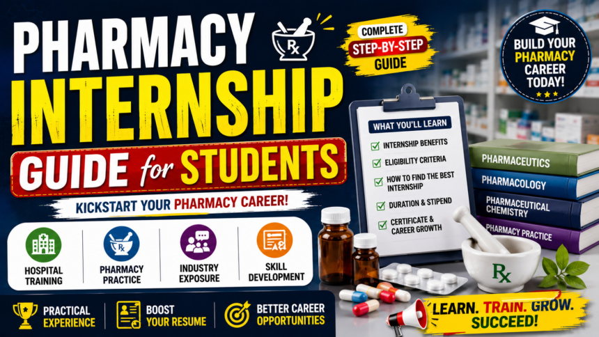 Pharmacy Internship Guide for Students thumbnail featuring pharmacy books, medicines, internship checklist, hospital training icons, and bold yellow-white text on a dark blue background.