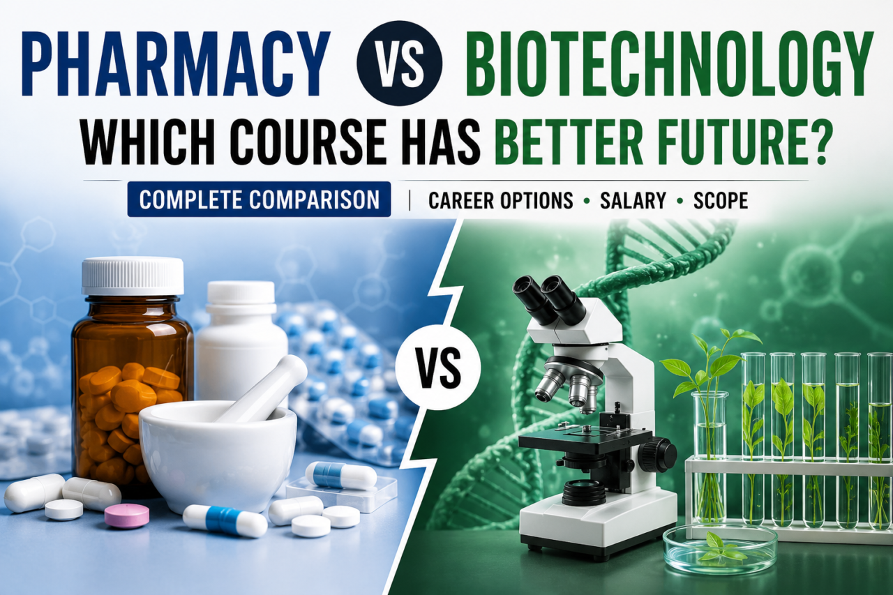 Pharmacy vs Biotechnology comparison thumbnail showing medicines, microscope, DNA structure, and career comparison concept.