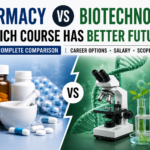 Pharmacy vs Biotechnology comparison thumbnail showing medicines, microscope, DNA structure, and career comparison concept.