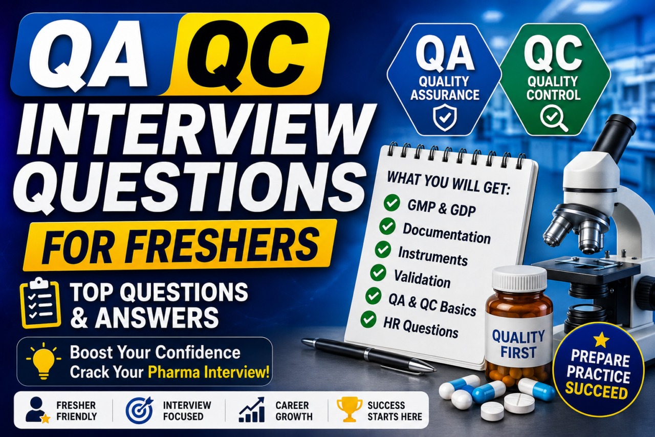 Thumbnail showing QA QC interview preparation for pharma freshers with interview checklist, lab equipment, colorful chemistry glassware, and professional blue gradient background.