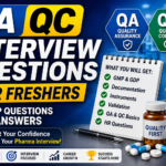 Thumbnail showing QA QC interview preparation for pharma freshers with interview checklist, lab equipment, colorful chemistry glassware, and professional blue gradient background.