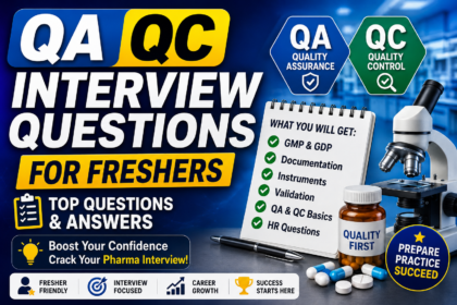 Thumbnail showing QA QC interview preparation for pharma freshers with interview checklist, lab equipment, colorful chemistry glassware, and professional blue gradient background.