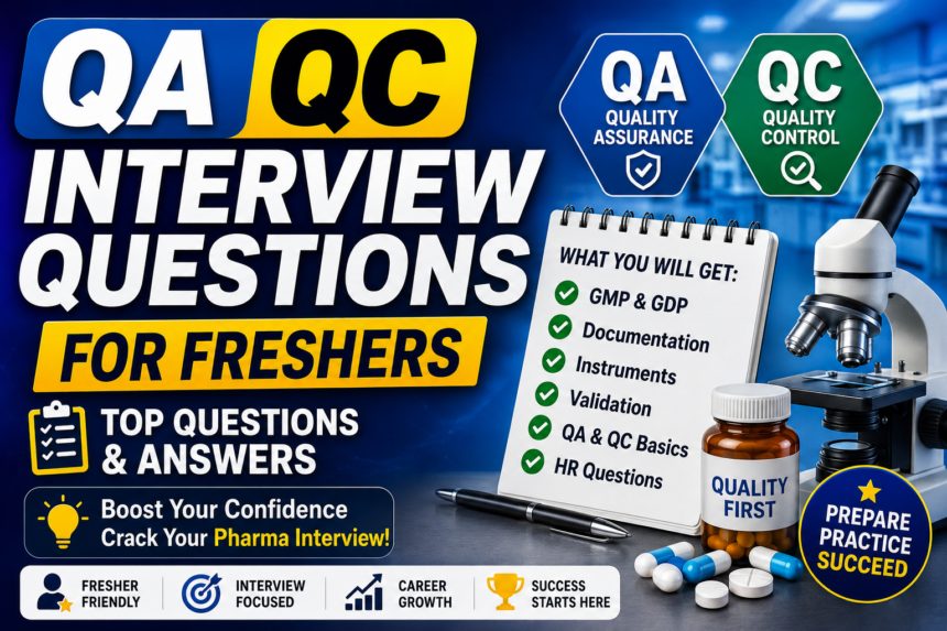 Thumbnail showing QA QC interview preparation for pharma freshers with interview checklist, lab equipment, colorful chemistry glassware, and professional blue gradient background.
