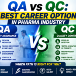Professional QA vs QC pharma industry thumbnail showing a comparison between Quality Assurance and Quality Control careers with laboratory visuals, microscope, compliance documents, and bold “Best Career Option in Pharma Industry” text.
