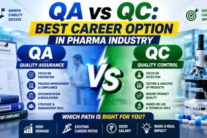 Professional QA vs QC pharma industry thumbnail showing a comparison between Quality Assurance and Quality Control careers with laboratory visuals, microscope, compliance documents, and bold “Best Career Option in Pharma Industry” text.