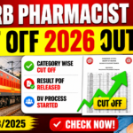 RRB Pharmacist Cut Off 2026 announcement thumbnail featuring Indian Railways train, cut-off list PDF, category-wise cutoff details, DV process update, and a surprised candidate reaction with bold red and yellow design.