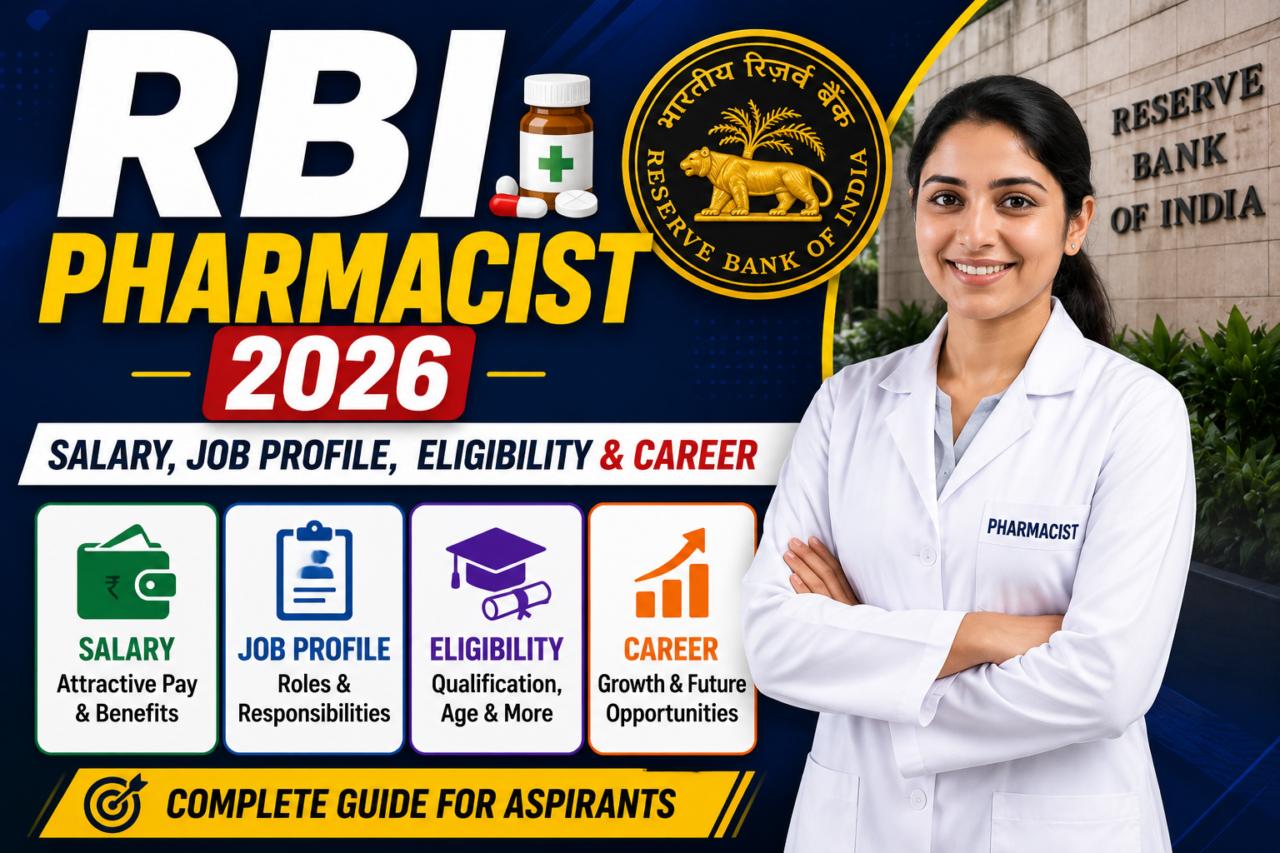 RBI Pharmacist 2026 thumbnail featuring salary, job profile, eligibility, and career opportunities with professional pharmacy design.