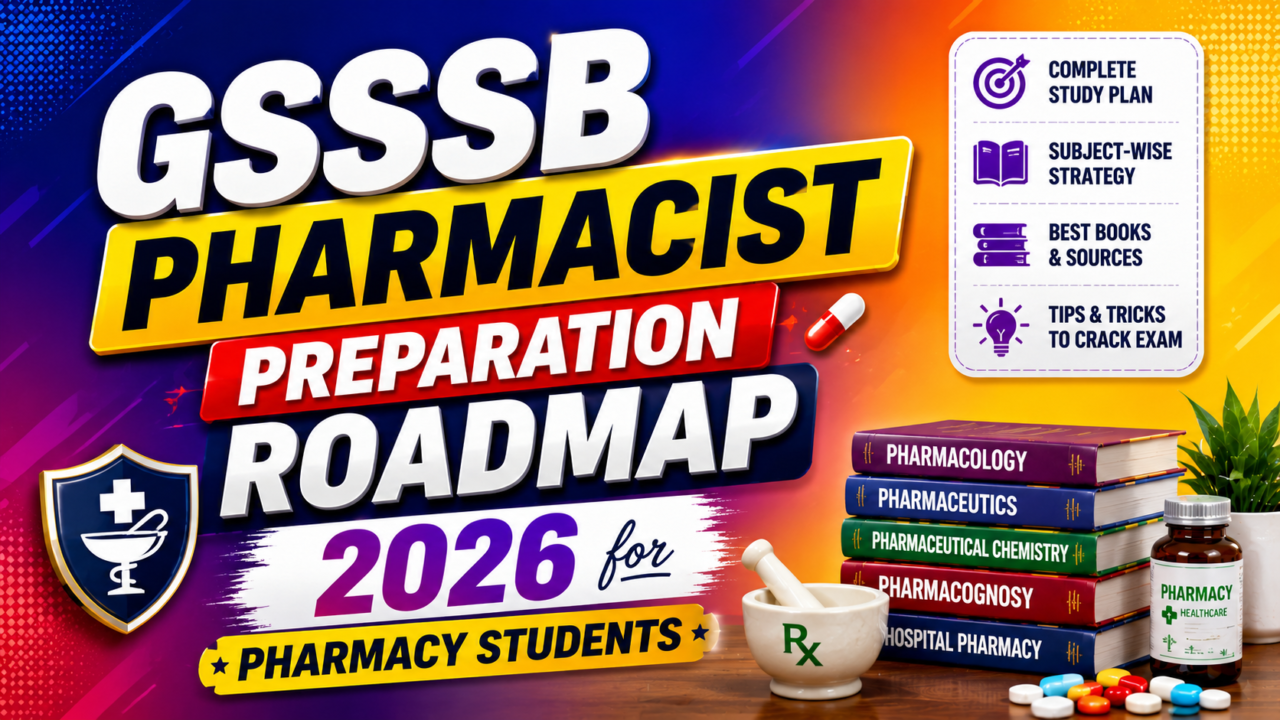 GSSSB Pharmacist Preparation Roadmap 2026 thumbnail with colorful gradient background, pharmacy books, medicine icons, and bold educational text for pharmacy students.
