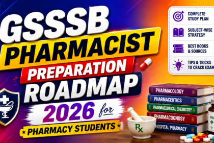 GSSSB Pharmacist Preparation Roadmap 2026 thumbnail with colorful gradient background, pharmacy books, medicine icons, and bold educational text for pharmacy students.