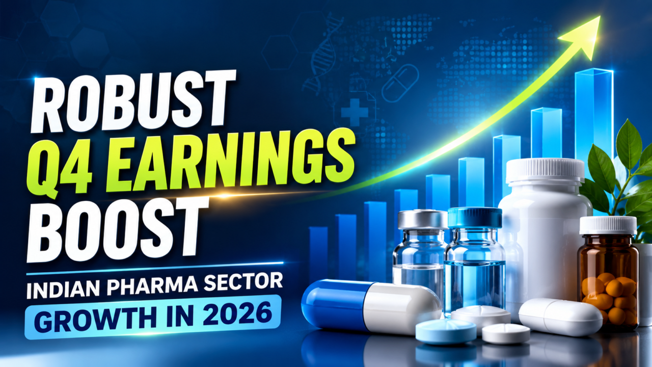 Modern pharma industry thumbnail showing medicine bottles, capsules, growth graph, and upward arrow representing strong Q4 earnings growth in the Indian pharmaceutical sector in 2026.