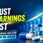 Modern pharma industry thumbnail showing medicine bottles, capsules, growth graph, and upward arrow representing strong Q4 earnings growth in the Indian pharmaceutical sector in 2026.