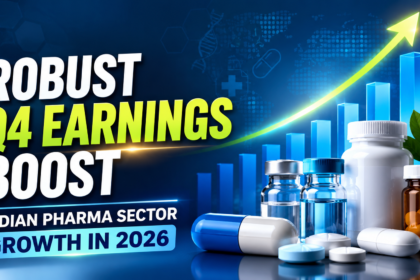 Modern pharma industry thumbnail showing medicine bottles, capsules, growth graph, and upward arrow representing strong Q4 earnings growth in the Indian pharmaceutical sector in 2026.