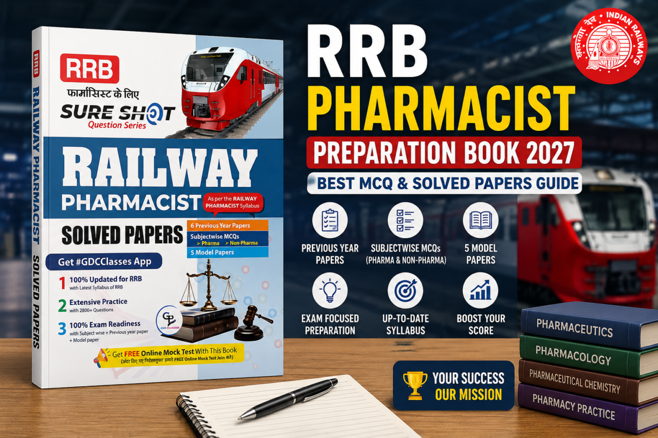 A professional RRB Pharmacist Preparation Book 2027 thumbnail featuring a railway pharmacist solved papers book, Indian railway train background, study icons, MCQ practice highlights, and exam preparation content in blue, red, and yellow colors.