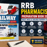 A professional RRB Pharmacist Preparation Book 2027 thumbnail featuring a railway pharmacist solved papers book, Indian railway train background, study icons, MCQ practice highlights, and exam preparation content in blue, red, and yellow colors.