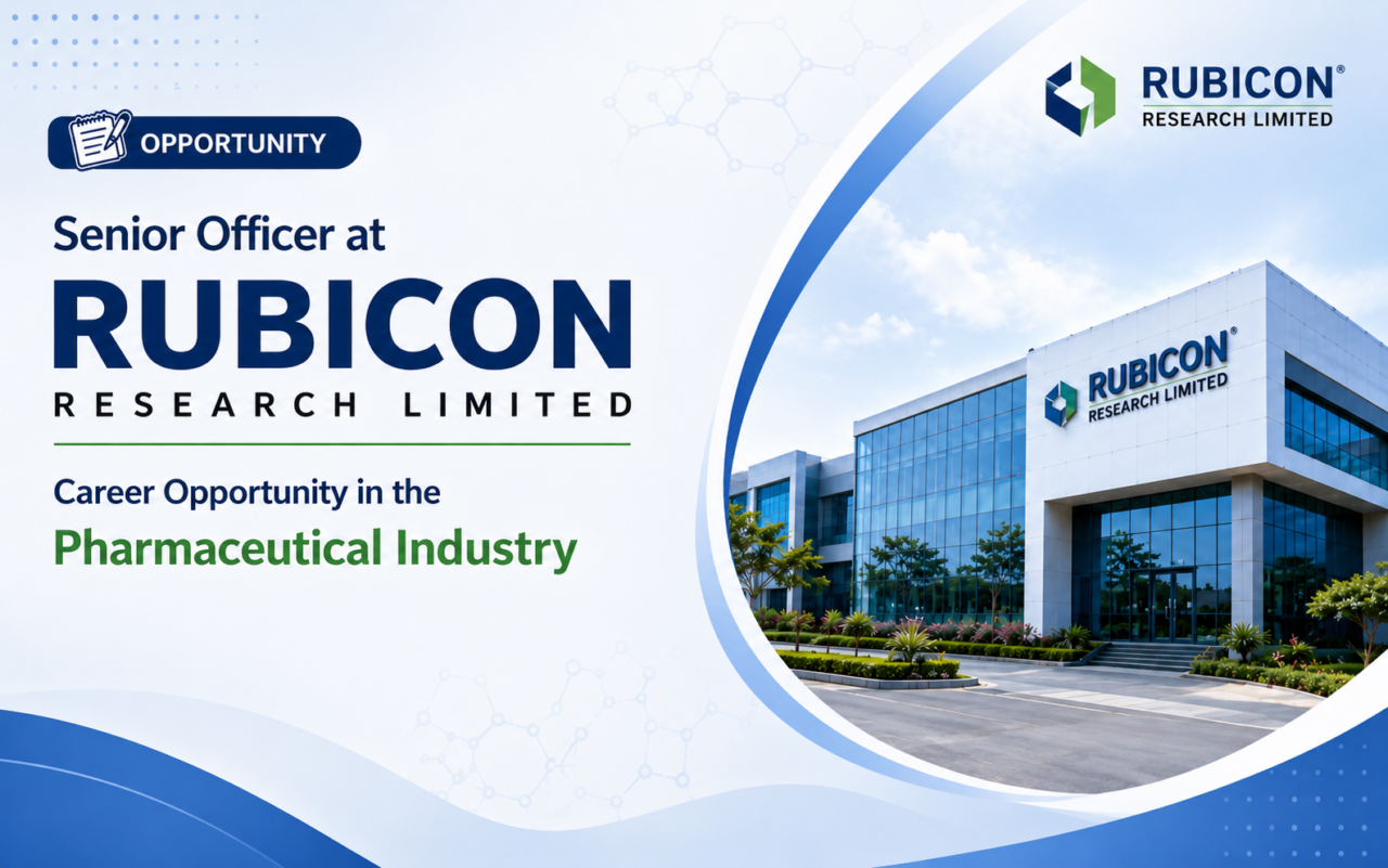 Professional recruitment banner for Senior Officer vacancy at Rubicon Research Limited with modern pharmaceutical industry background and corporate office building.