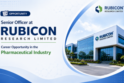Professional recruitment banner for Senior Officer vacancy at Rubicon Research Limited with modern pharmaceutical industry background and corporate office building.