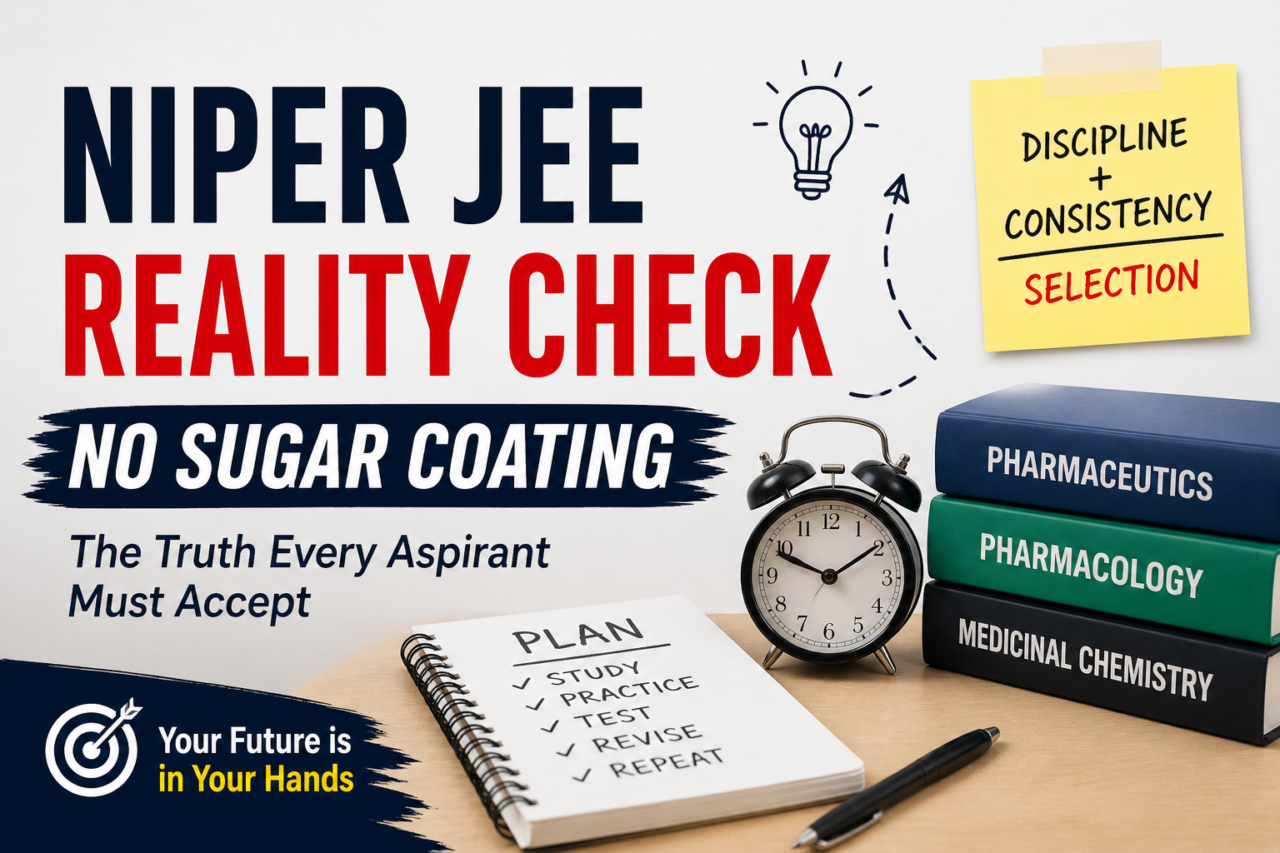 NIPER JEE reality check thumbnail with study plan, books, and discipline concept