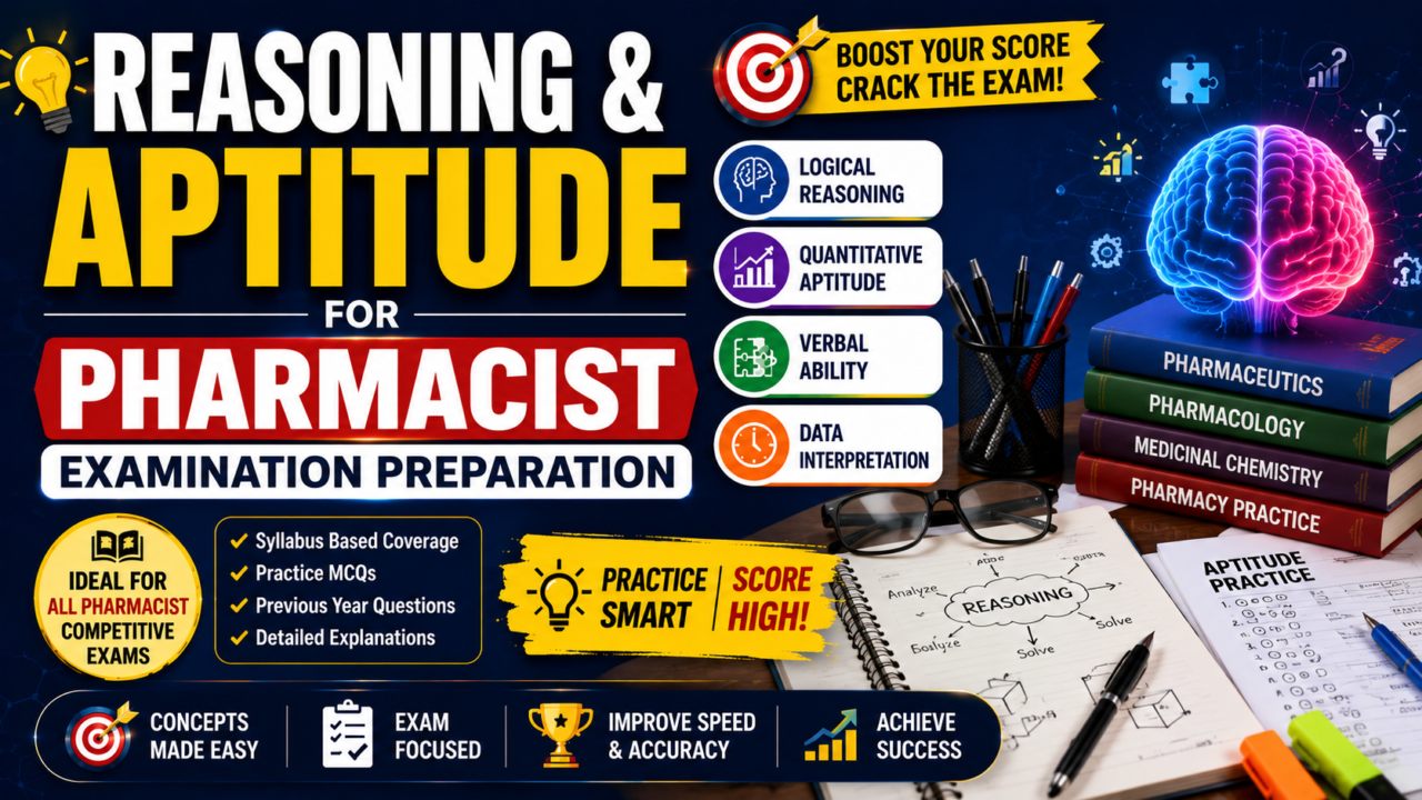 A colorful educational thumbnail for pharmacist exam preparation featuring reasoning and aptitude concepts, study materials, books, aptitude practice sheets, and a glowing brain illustration on a dark blue background.