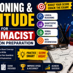 A colorful educational thumbnail for pharmacist exam preparation featuring reasoning and aptitude concepts, study materials, books, aptitude practice sheets, and a glowing brain illustration on a dark blue background.