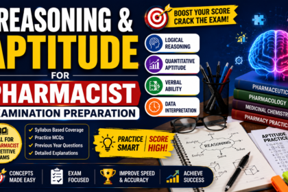 A colorful educational thumbnail for pharmacist exam preparation featuring reasoning and aptitude concepts, study materials, books, aptitude practice sheets, and a glowing brain illustration on a dark blue background.