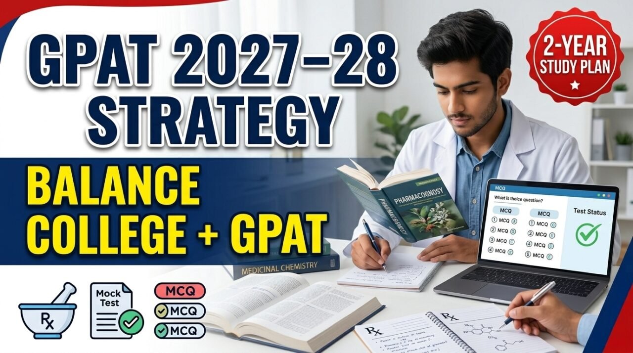 Student preparing for GPAT 2027–28 with pharmacy books, mock tests, MCQs, and laptop study setup showing balance between college exams and GPAT preparation.